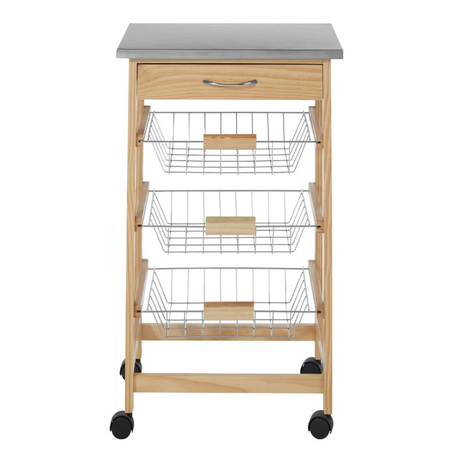 FURNITURE Premier Bar Carts and Trolleys | Glenn 3 Wire Baskets Pinewood Kitchen Trolley